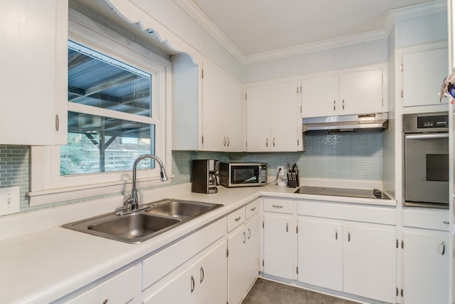 kitchen with decorative backsplash, stainless steel appliances, white cabinetry, and sink