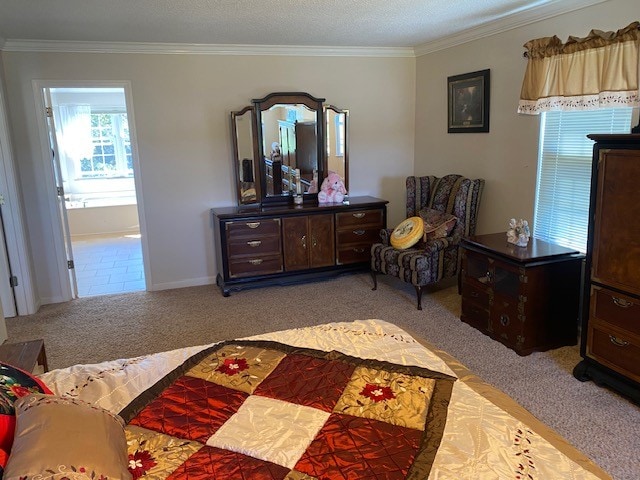 carpeted bedroom with a textured ceiling and crown molding