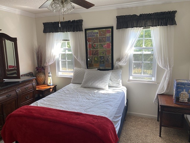 bedroom with ornamental molding, ceiling fan, light colored carpet, and a textured ceiling