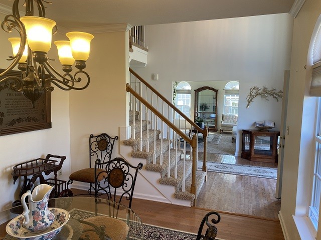 foyer with wood-type flooring, crown molding, a chandelier, and a towering ceiling