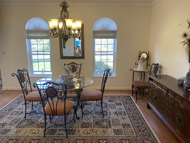 dining space featuring wood-type flooring, crown molding, and plenty of natural light