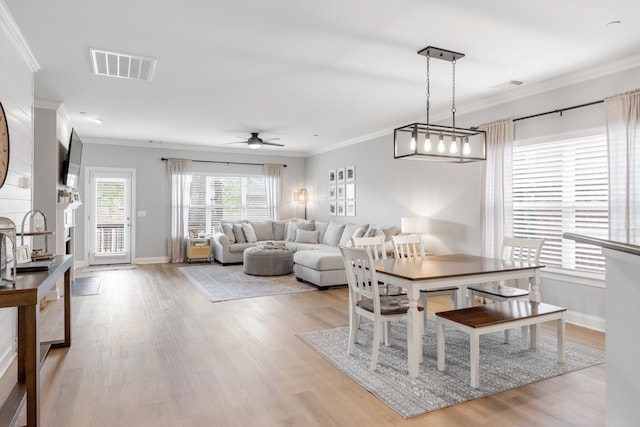 dining area featuring ornamental molding, ceiling fan, and light hardwood / wood-style flooring