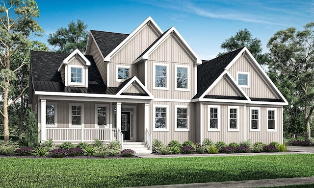 craftsman house featuring covered porch and a front yard