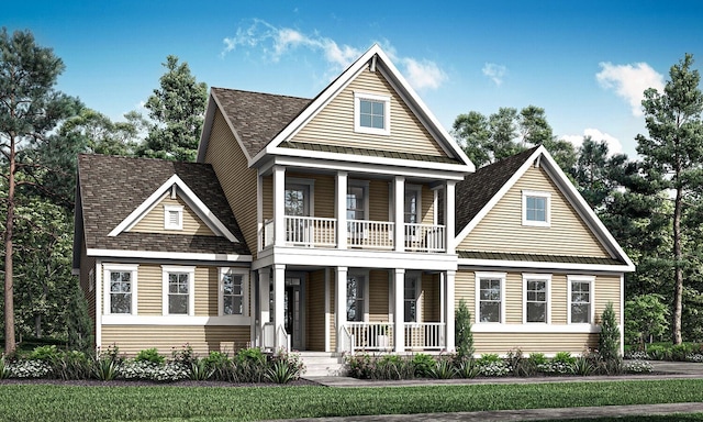 view of front of property with a front yard, a balcony, and a porch