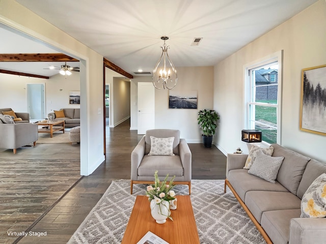 living room with lofted ceiling with beams, ceiling fan, and dark hardwood / wood-style flooring