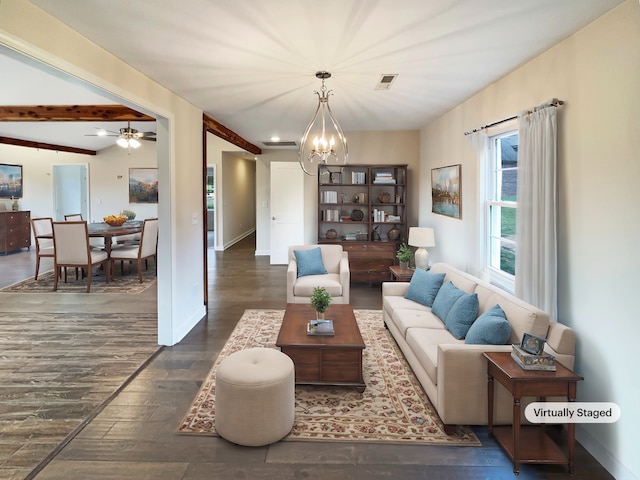 living room with ceiling fan with notable chandelier, lofted ceiling with beams, and dark wood-type flooring