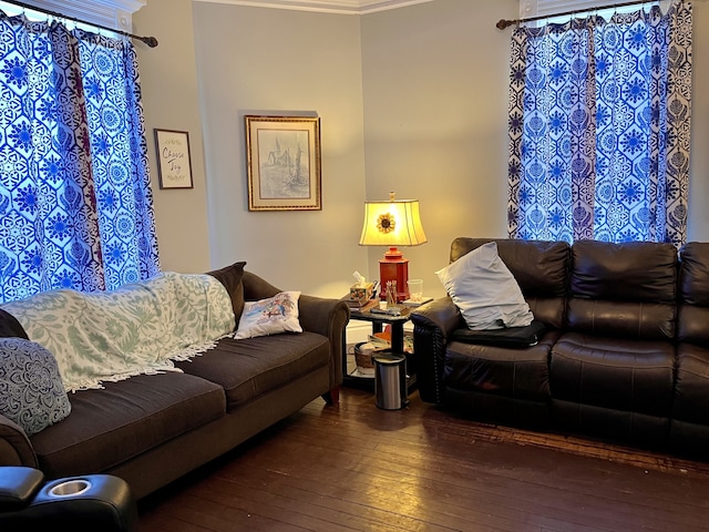 living room featuring ornamental molding and dark hardwood / wood-style flooring