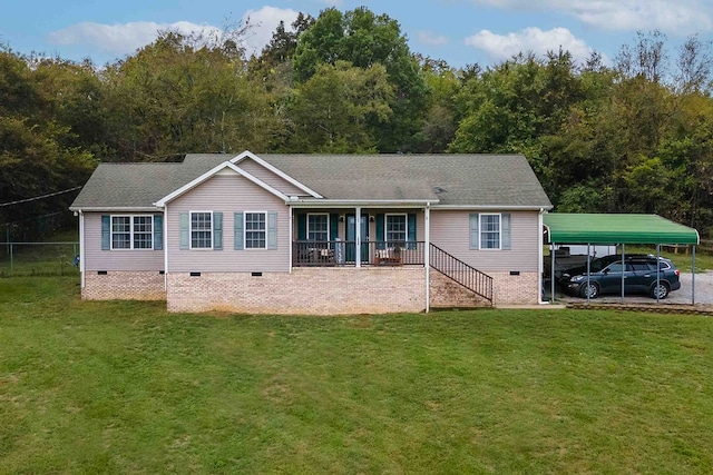 back of house with a yard, a carport, and a porch