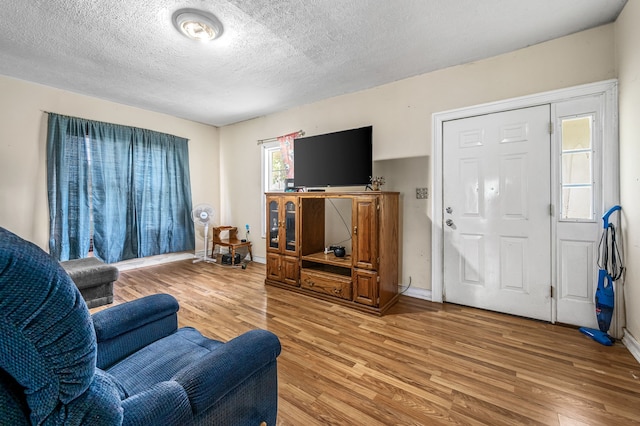 living room featuring wood-type flooring and a textured ceiling