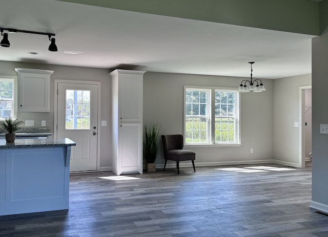 interior space with a notable chandelier, a healthy amount of sunlight, and dark hardwood / wood-style flooring