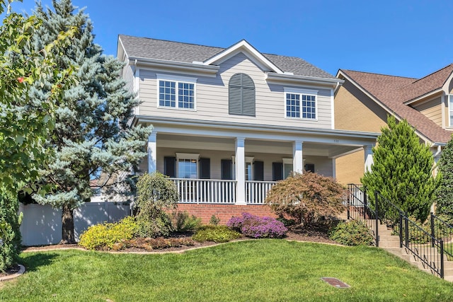 view of front of home with a front yard and covered porch