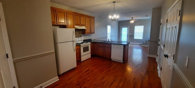 kitchen featuring ceiling fan with notable chandelier, white appliances, pendant lighting, and dark hardwood / wood-style floors