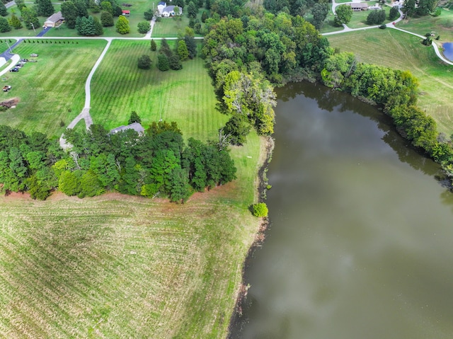 bird's eye view with a water view and a rural view