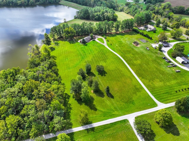 aerial view with a rural view and a water view