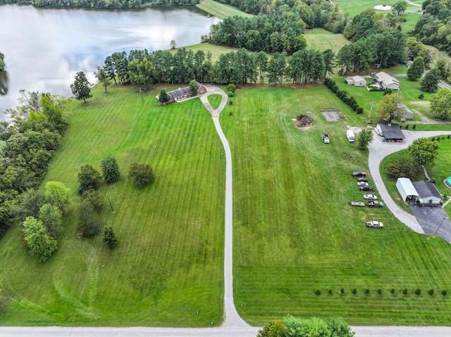 bird's eye view featuring a rural view and a water view