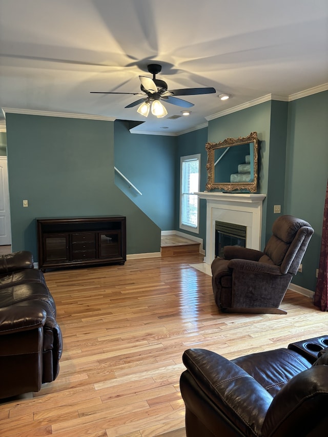 living room with crown molding, ceiling fan, and light hardwood / wood-style flooring