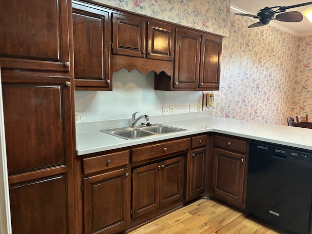 kitchen with sink, dark brown cabinets, light hardwood / wood-style flooring, black dishwasher, and crown molding