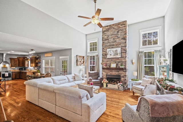 living room with a towering ceiling, light hardwood / wood-style floors, and a healthy amount of sunlight