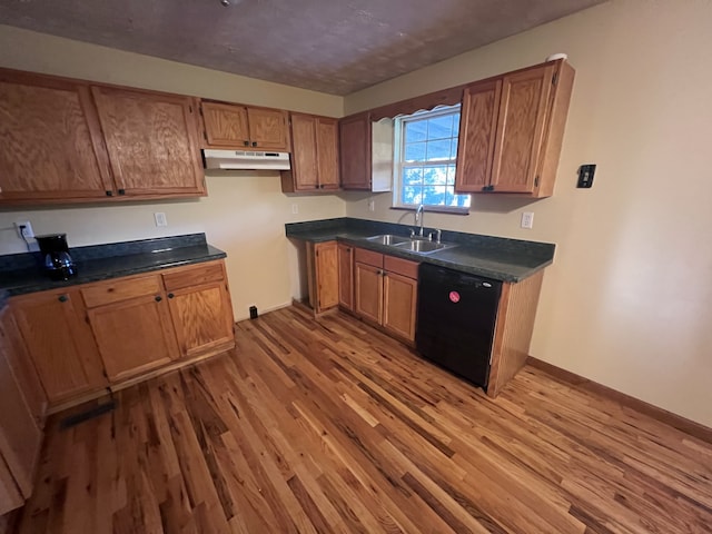 kitchen with black dishwasher, sink, and hardwood / wood-style flooring