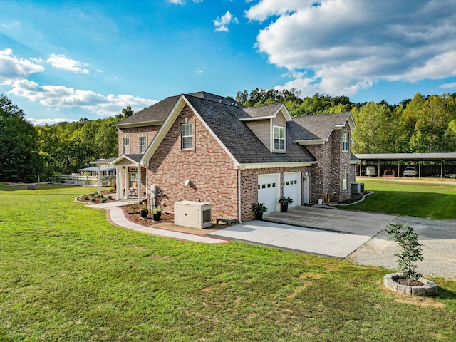 144 Abberly Ln, Hohenwald, TN 38462 - view of side of property featuring concrete driveway, a lawn, a garage, brick siding, and roof with shingles