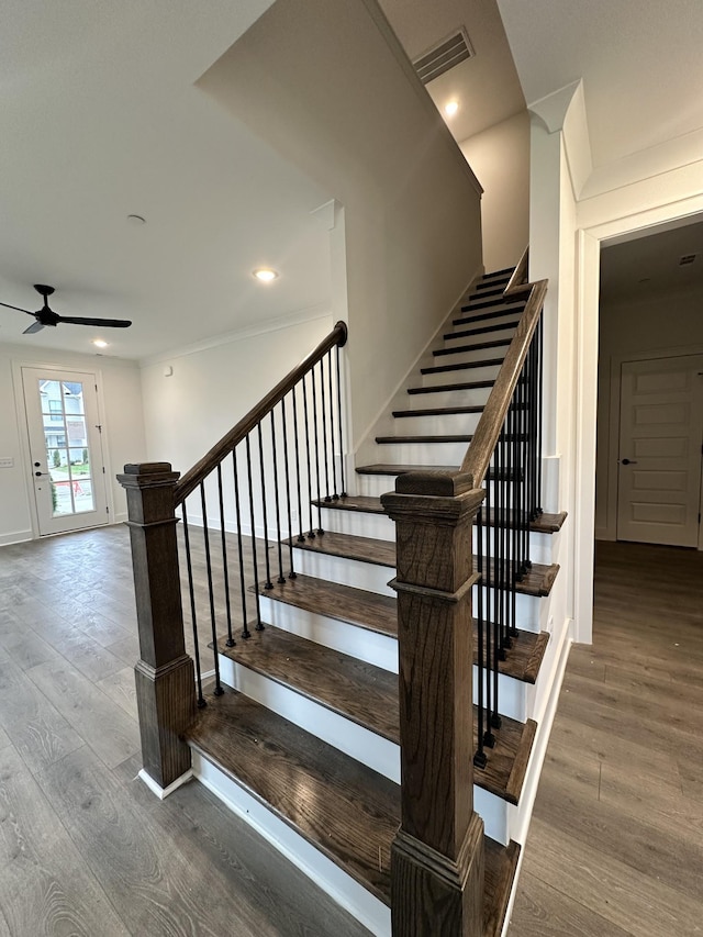 staircase featuring hardwood / wood-style flooring and ceiling fan