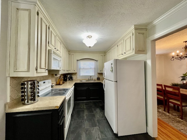 kitchen featuring ornamental molding, white appliances, a textured ceiling, and dark hardwood / wood-style floors