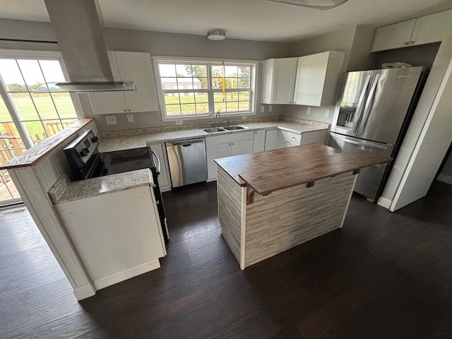 kitchen with a center island, sink, ventilation hood, white cabinets, and appliances with stainless steel finishes