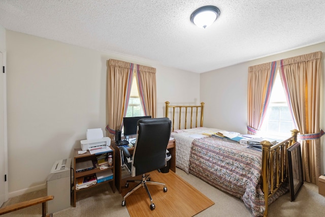 carpeted bedroom with a textured ceiling and multiple windows