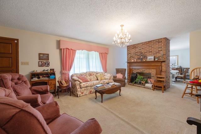 living room featuring a textured ceiling, carpet flooring, a fireplace, and a chandelier