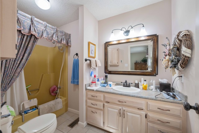 full bathroom with vanity, shower / bath combination with curtain, a textured ceiling, toilet, and tile patterned floors