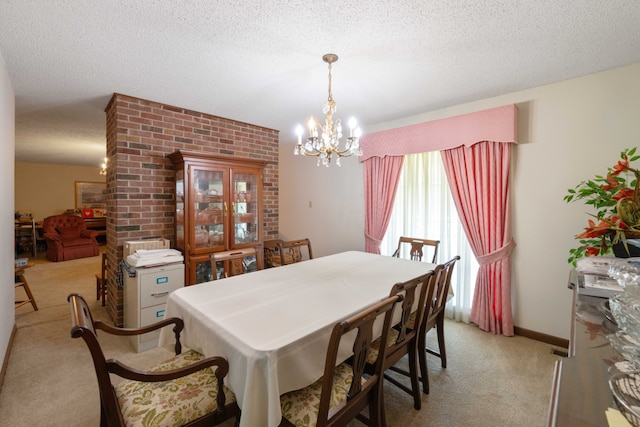 carpeted dining space with a textured ceiling and a chandelier