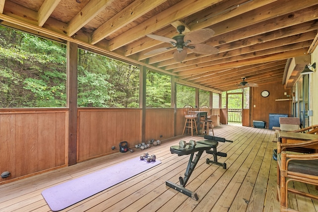 exterior space featuring ceiling fan