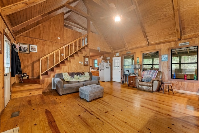 unfurnished living room featuring wooden walls, beam ceiling, hardwood / wood-style flooring, and wooden ceiling