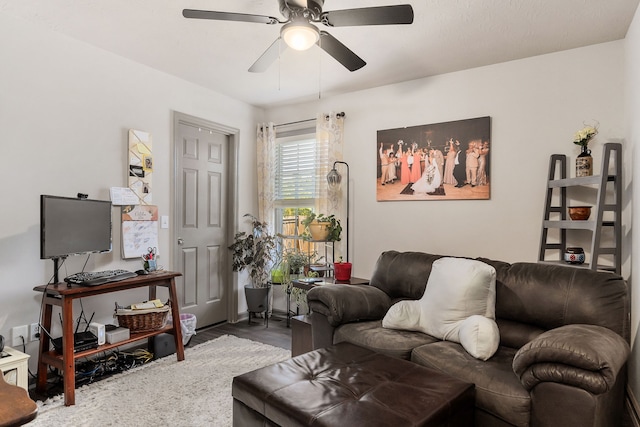 living room featuring ceiling fan and hardwood / wood-style floors