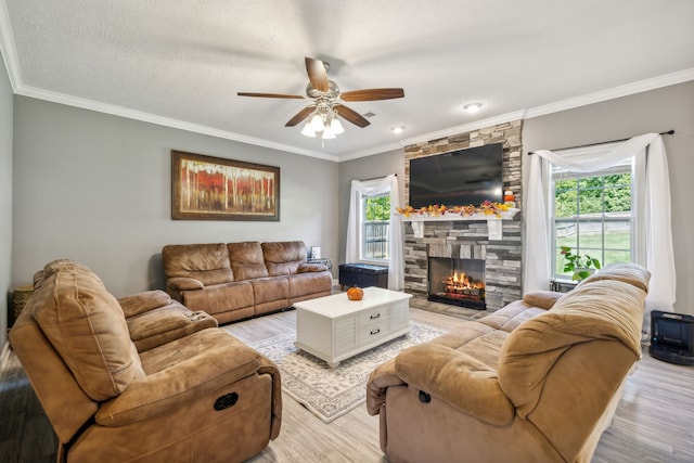 living room featuring ceiling fan, a stone fireplace, ornamental molding, and light hardwood / wood-style floors