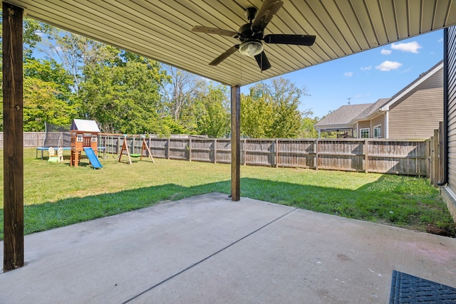 view of patio / terrace with a playground and ceiling fan