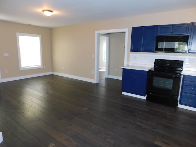 kitchen with blue cabinetry, dark hardwood / wood-style flooring, tasteful backsplash, and black appliances