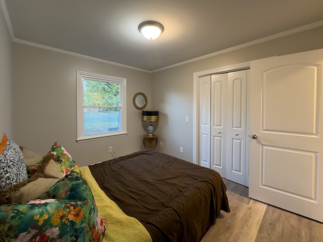 bedroom featuring a closet, crown molding, and light hardwood / wood-style floors