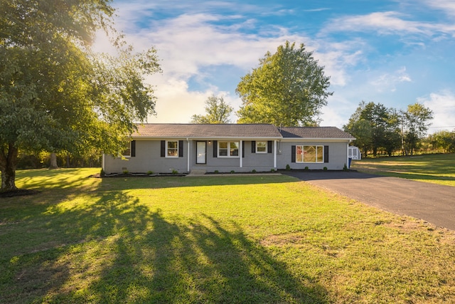 single story home featuring a front lawn