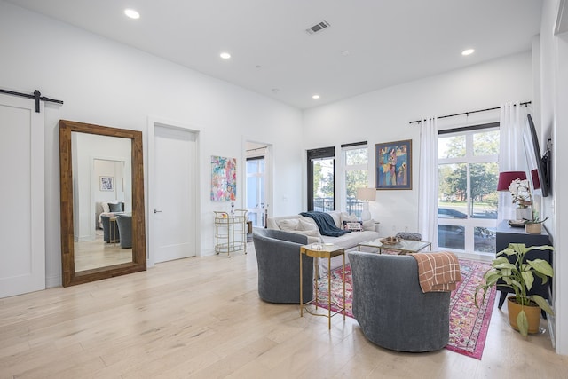 living room with a barn door and light hardwood / wood-style flooring