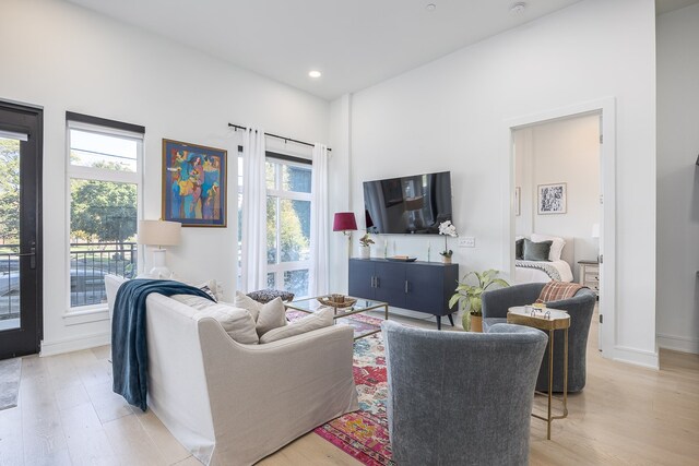 living room featuring plenty of natural light and light hardwood / wood-style floors