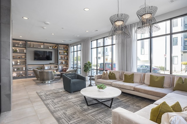 living room featuring light tile patterned floors