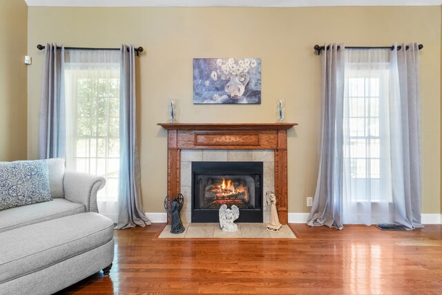 living area featuring a tiled fireplace, plenty of natural light, and wood-type flooring