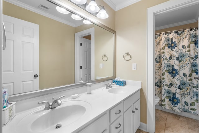 bathroom with toilet, curtained shower, tile patterned floors, ornamental molding, and vanity