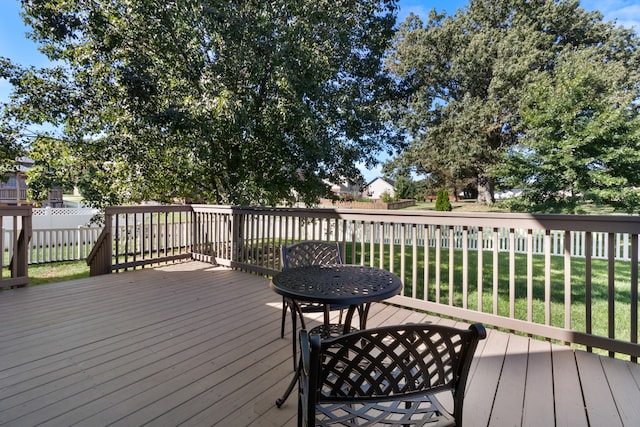 wooden terrace featuring a yard