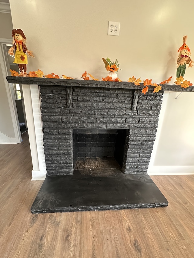 details featuring a fireplace and hardwood / wood-style floors