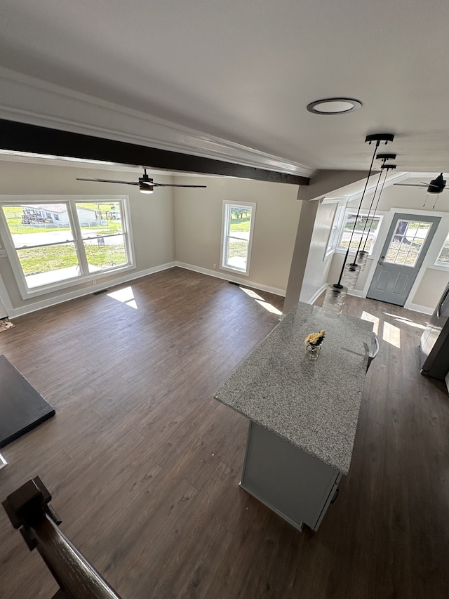 living room with dark hardwood / wood-style floors, vaulted ceiling, and ceiling fan