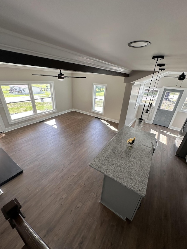 292 Quebeck Rd, Quebeck, TN 38579 - unfurnished living room featuring ceiling fan, dark wood-style floors, and baseboards