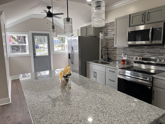 kitchen with light stone countertops, dark hardwood / wood-style floors, stainless steel appliances, sink, and vaulted ceiling