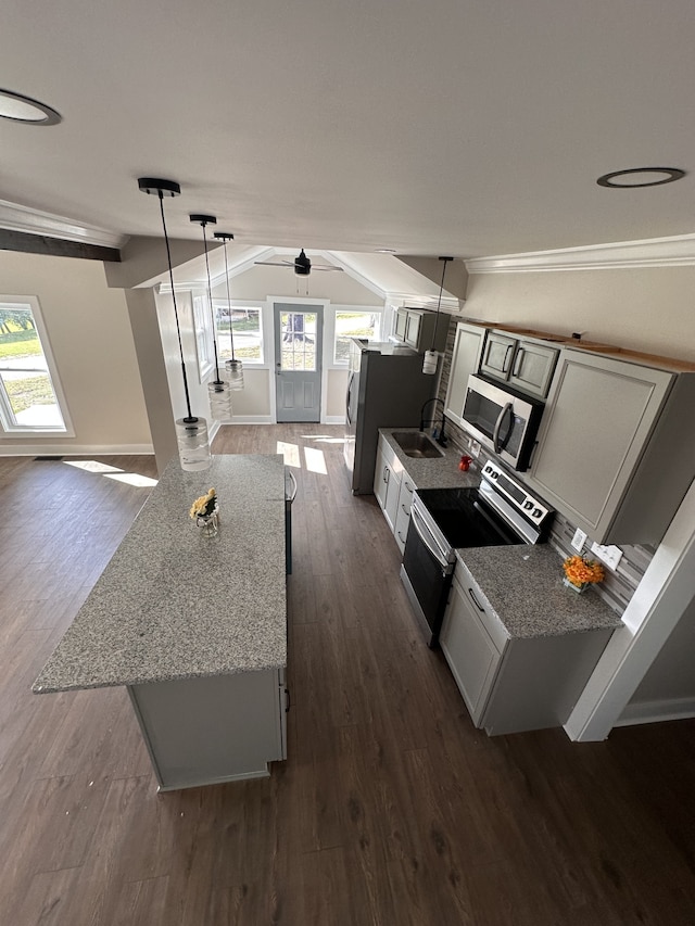 kitchen with pendant lighting, plenty of natural light, and dark hardwood / wood-style flooring